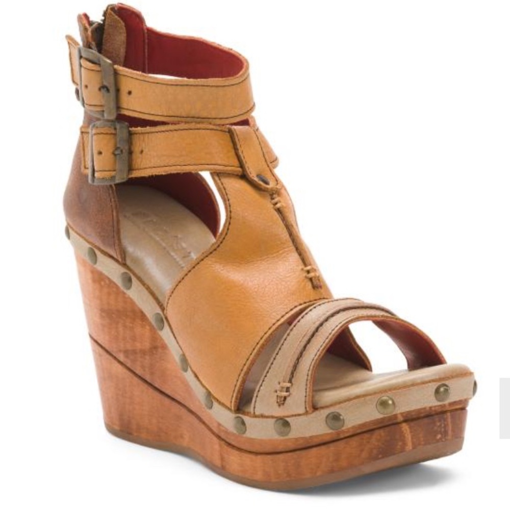 Bed/Stu Women’s Tan Leather Wedge Sandals with Ankle Straps